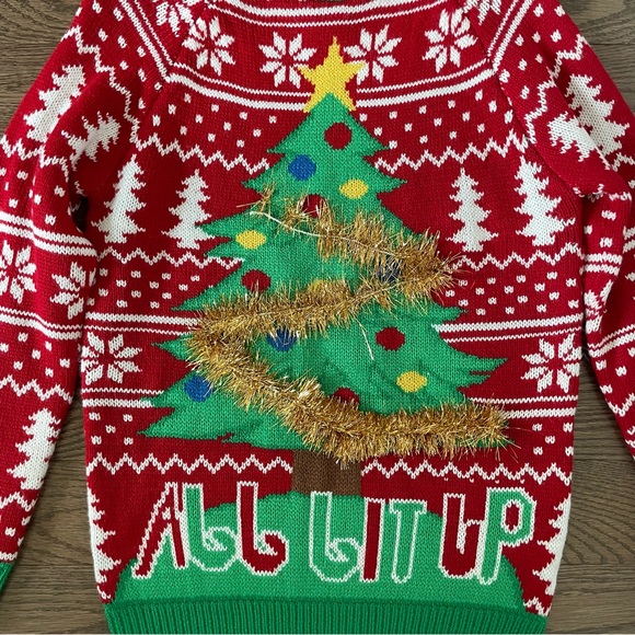 Kids Christmas Sweater - Christmas Tree - Red, Green, & White - Gold Tinsel - Picture 4 of 7